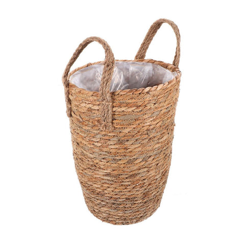 Image of Straw Woven Flower Basket Planter With Handles