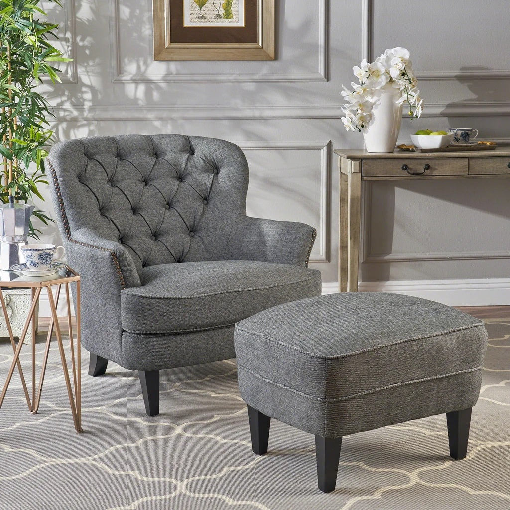Teton Button Tufted Upholstered Club Chair With Footstool