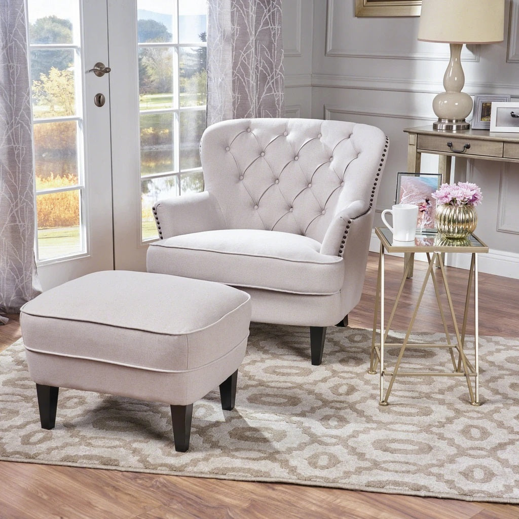 Teton Button Tufted Upholstered Club Chair With Footstool