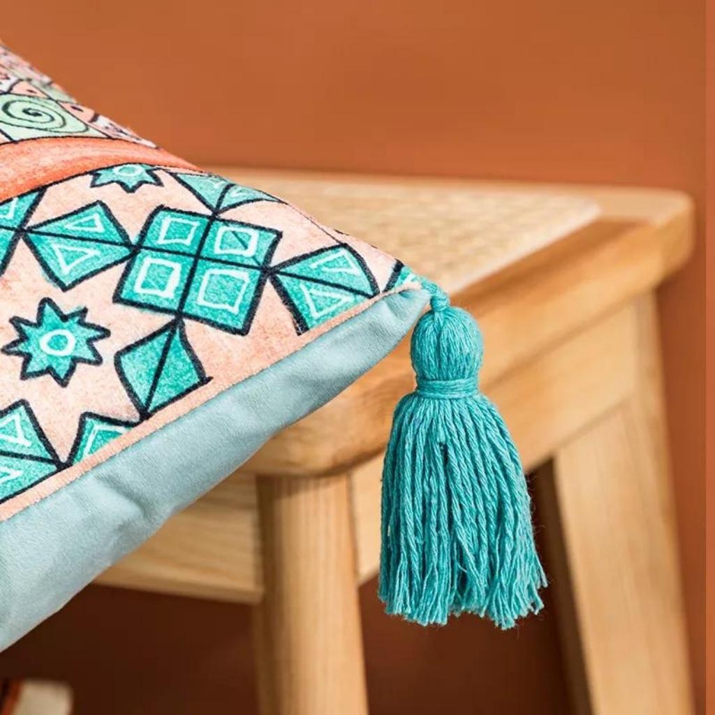 Turquoise Boho Tassel Chenille Throw Pillow Cover