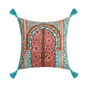 Turquoise Boho Tassel Chenille Throw Pillow Cover