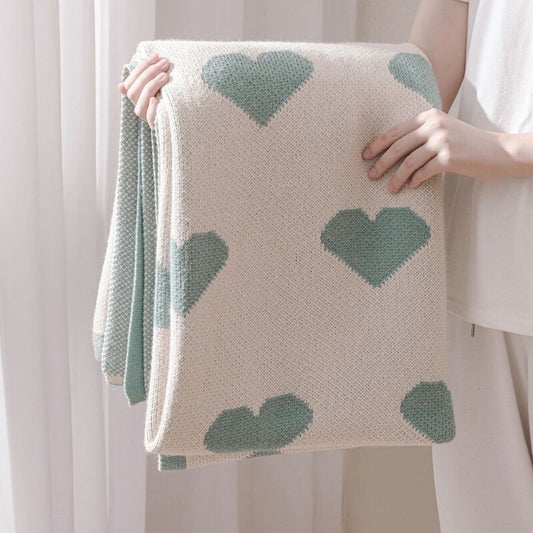 Turquoise Loving Hearts Knitted Throw Blanket