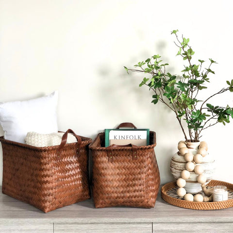 Image of Vintage Handwoven Handled Storage Basket (Set of 2)