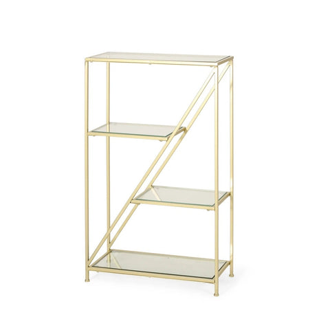 Image of Wallner Modern Glam Tempered Glass 3 Shelf Asymmetrical Bookcase, Gold