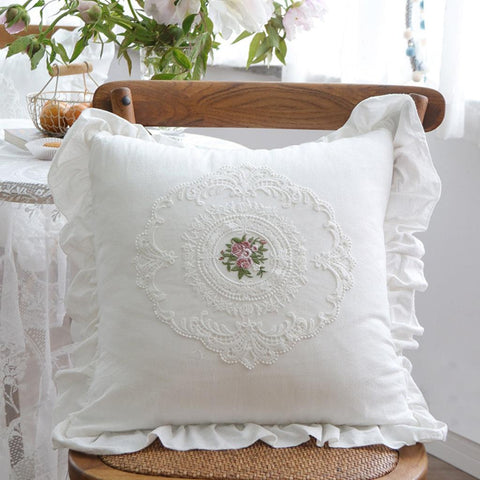 Image of White Floral Lace Ruffles Throw Pillow Cover