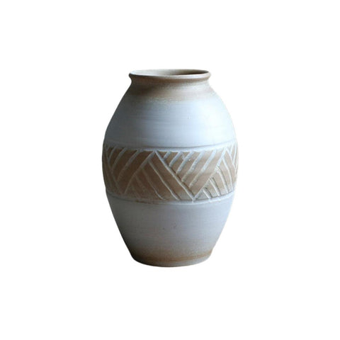 Image of White Rustic Rough Texture Ceramic Vase with Brown Mosaic Pattern