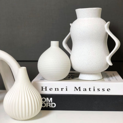 Image of White Speckled Vase with Scrolled Handles