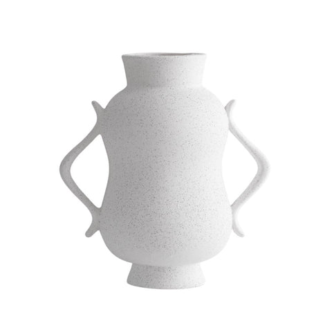 Image of White Speckled Vase with Scrolled Handles