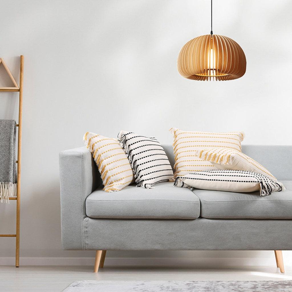 Yellow and Off-White Woven Striped Throw Pillow Cover with Fringe