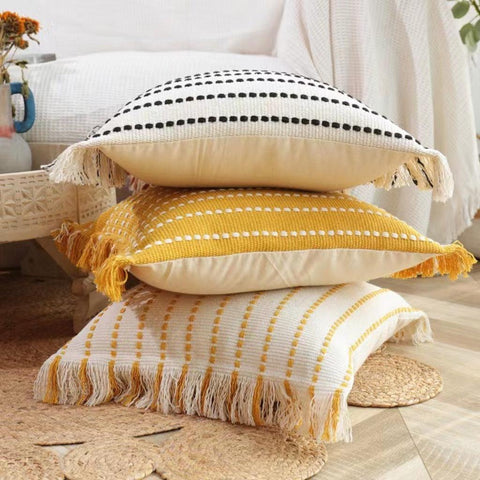Image of Yellow and Off-White Woven Striped Throw Pillow Cover with Fringe