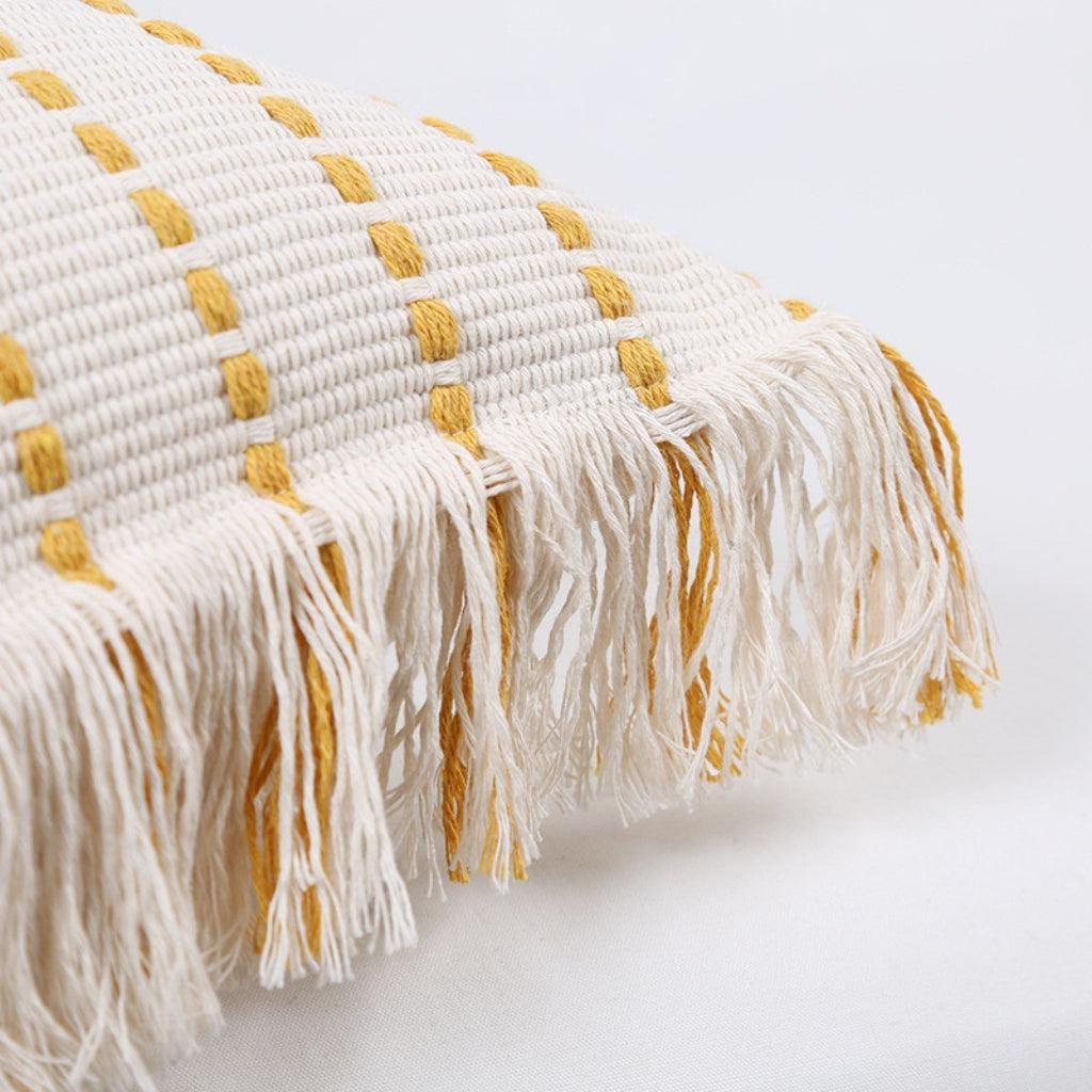 Yellow and Off-White Woven Striped Throw Pillow Cover with Fringe