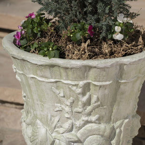 Guava Outdoor Cast Stone Garden Urn Planter, Green Moss with White